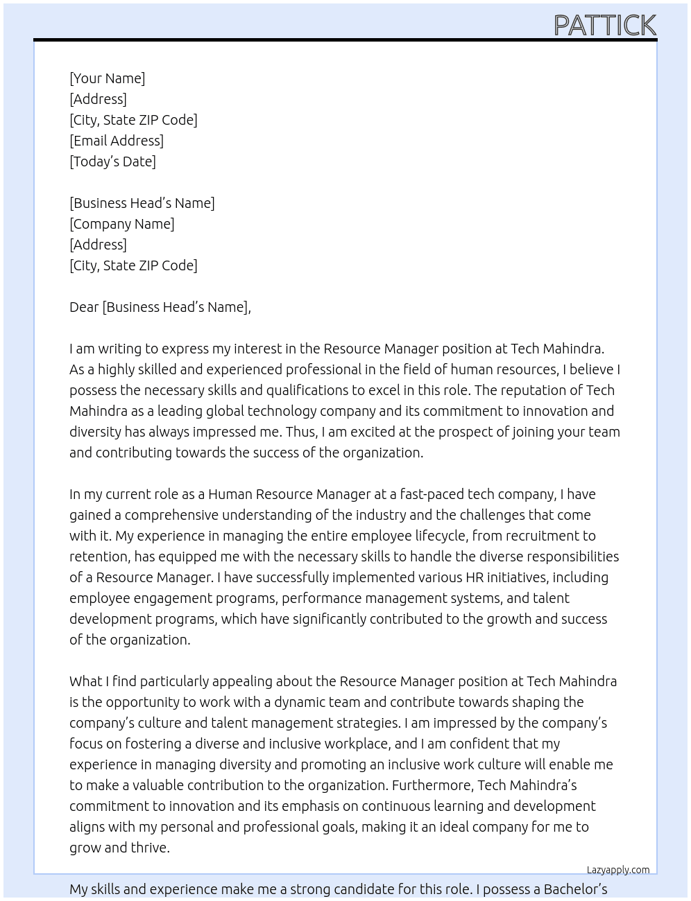 Resource Manager At Tech Mahindra Cover Letter