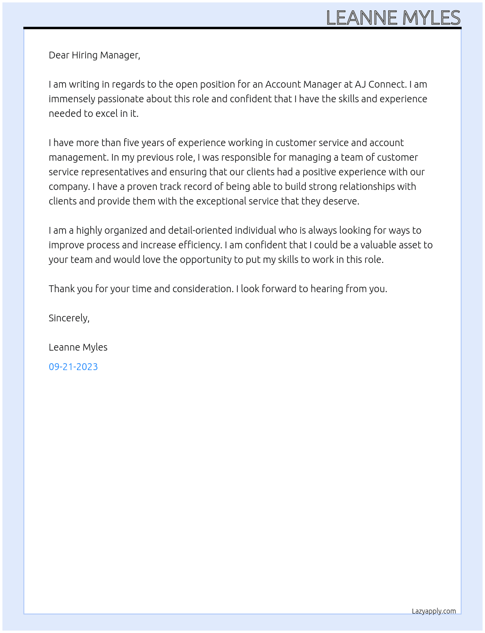 Account Manager At AJ Connect Cover Letter