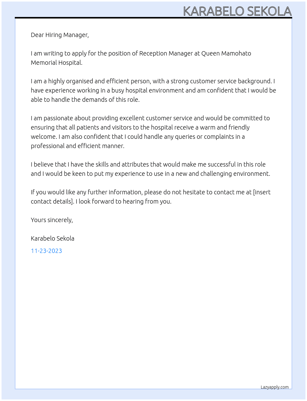 Reception Manager At QUEEN MAMOHATO MEMORIAL HOSPITAL Cover Letter