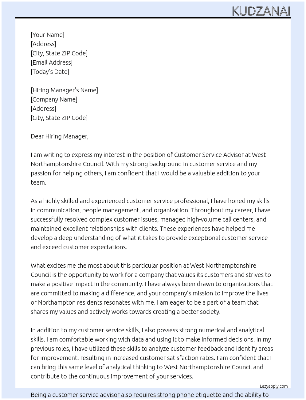 CUSTOMER SERVICE ADVISOR At WEST NORTHAMPTONSHIRE COUNCIL Cover Letter