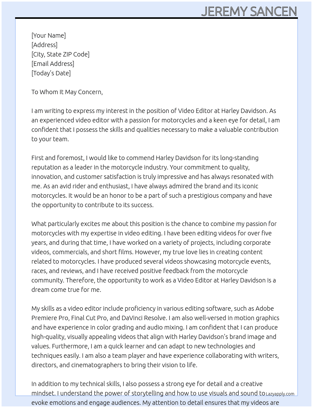 Video Editor At Harley Davidson Cover Letter