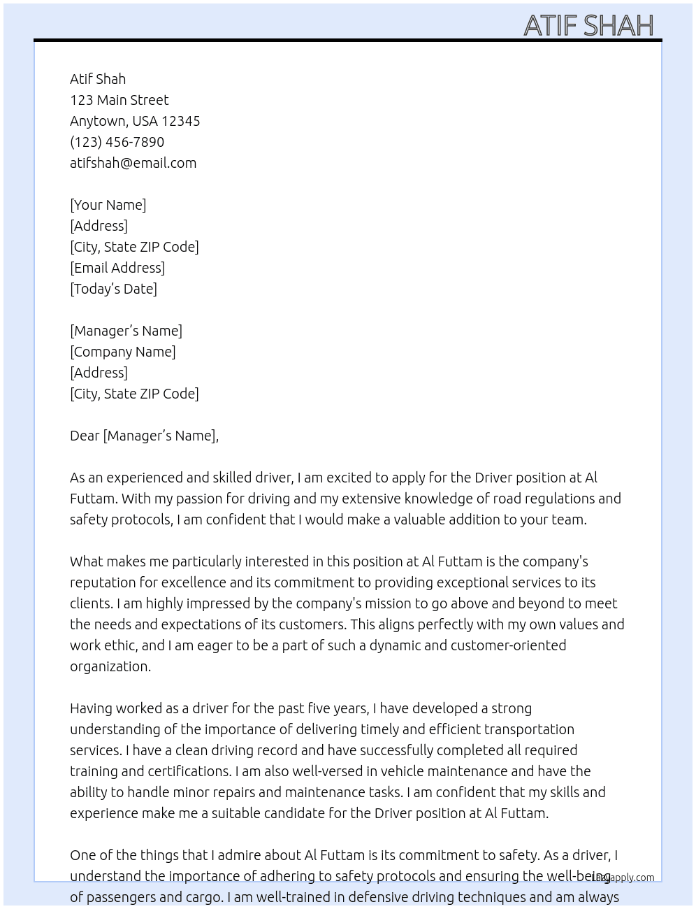 Driver  At Al futtam Cover Letter