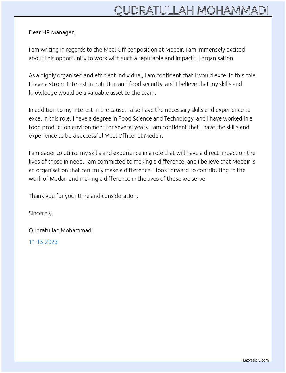 Meal Officer  At Medair  Cover Letter