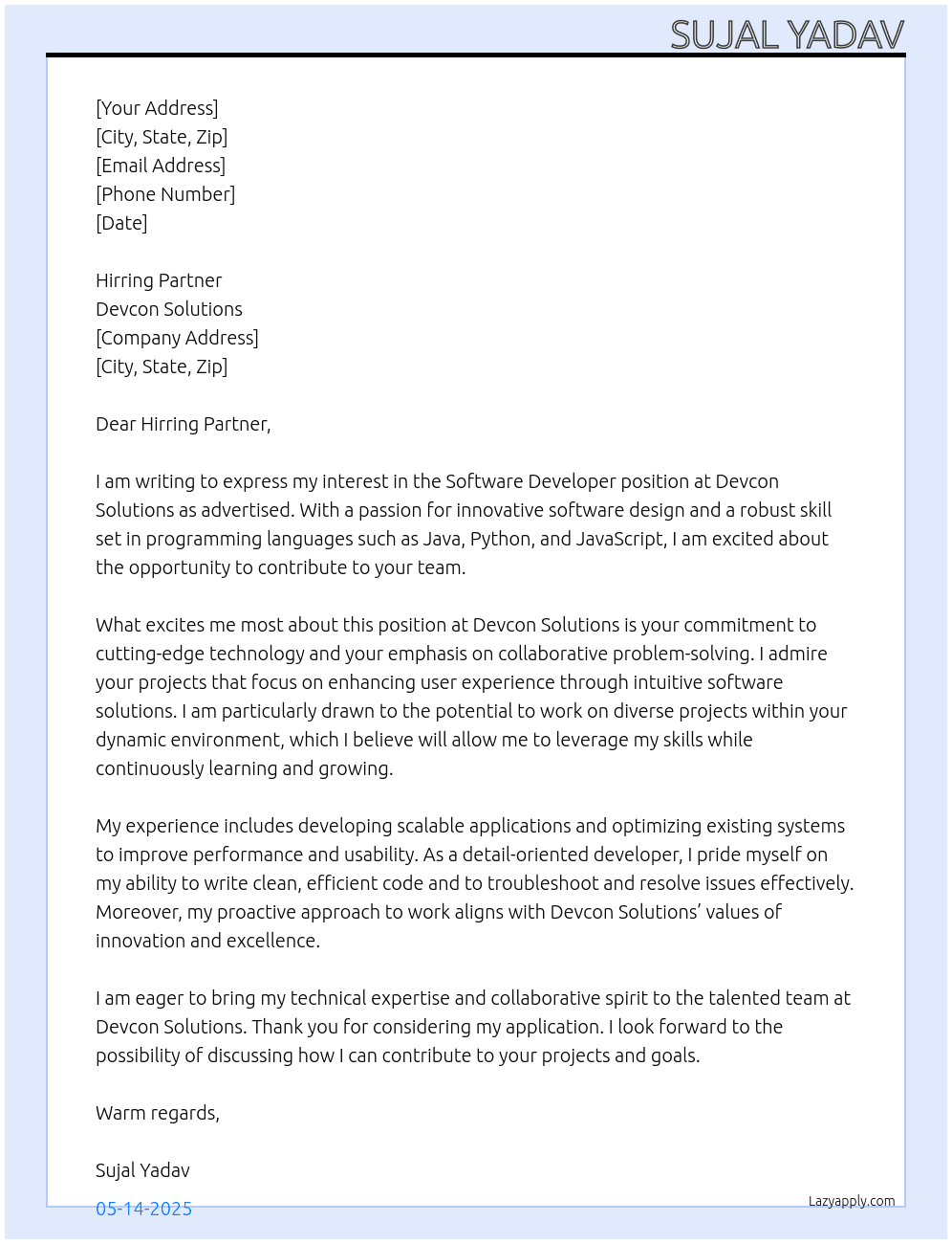 software developer At Devcon solution Cover Letter