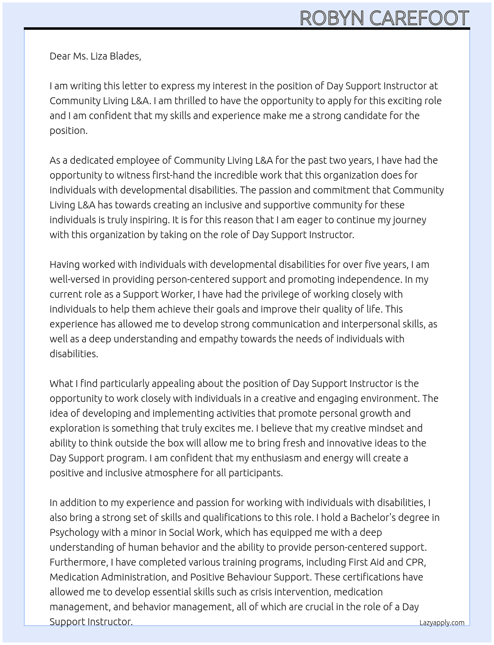 Day Support Instructor At Community Living L&A Cover Letter