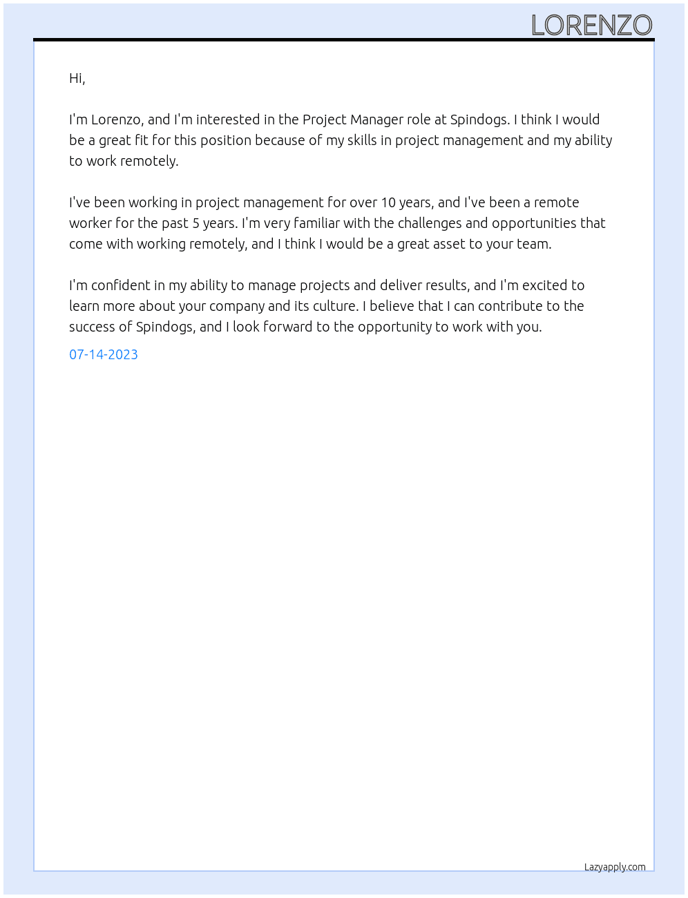 Project Manager At Spindogs Cover Letter
