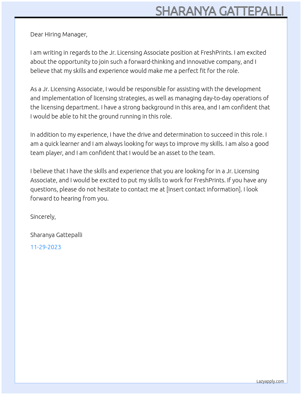 Jr.licensing Associate At FreshPrints Cover Letter