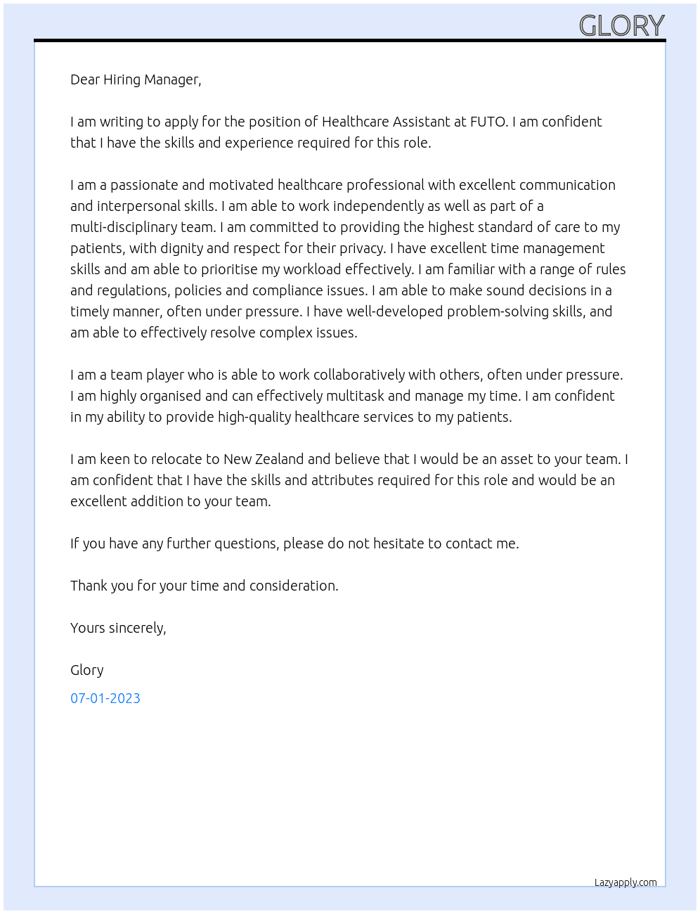 Healthcare Assistant At FUTO Cover Letter