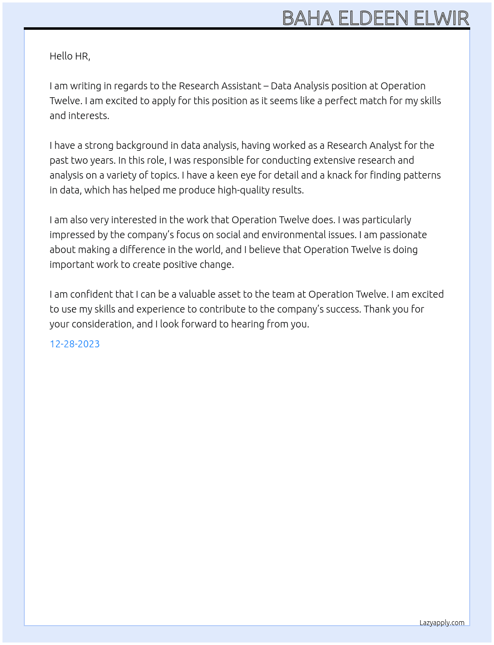 Research Assistant – Data Analysis At  Operation Twelve Cover Letter