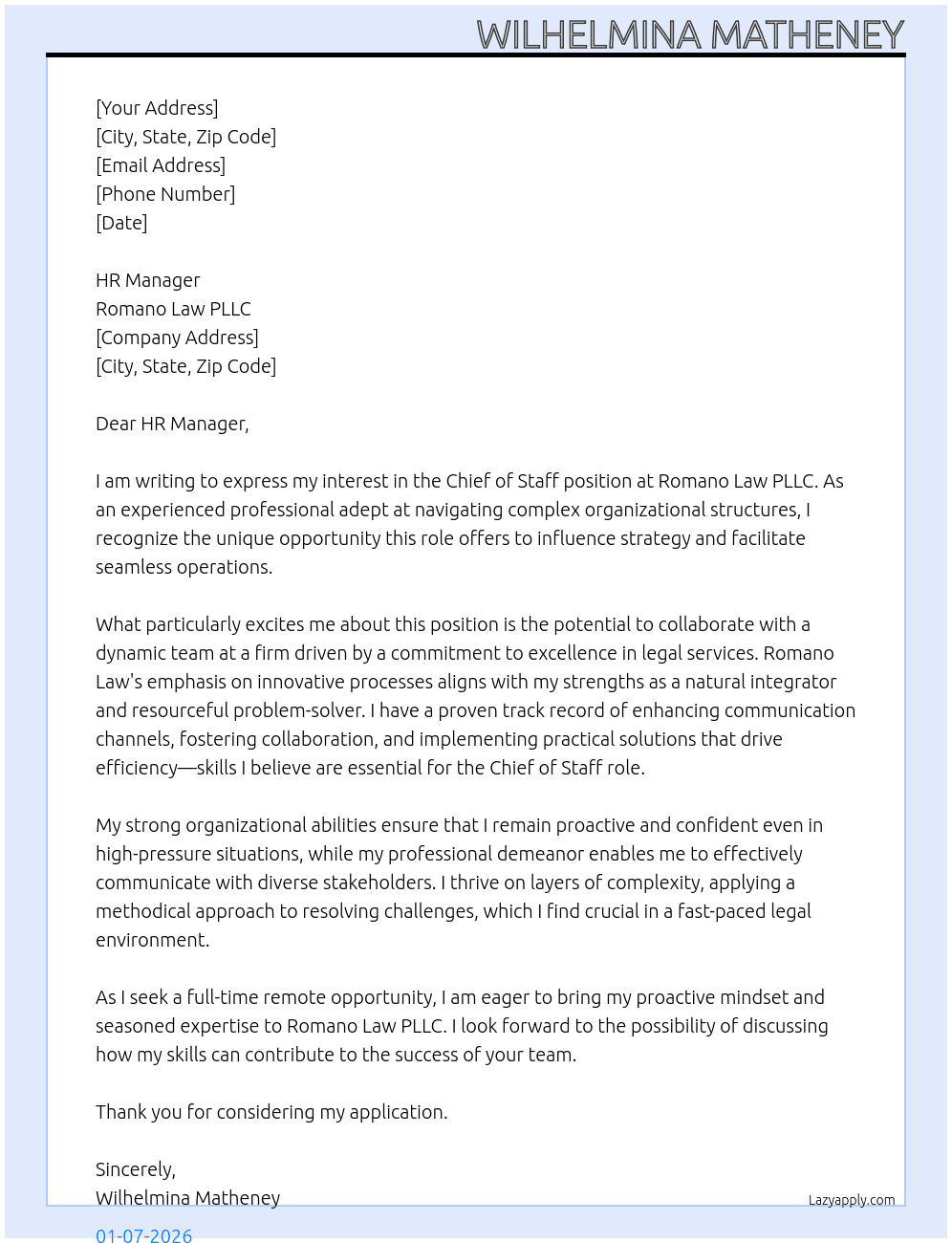 Chief of Staff At Romano Law PLLC Cover Letter
