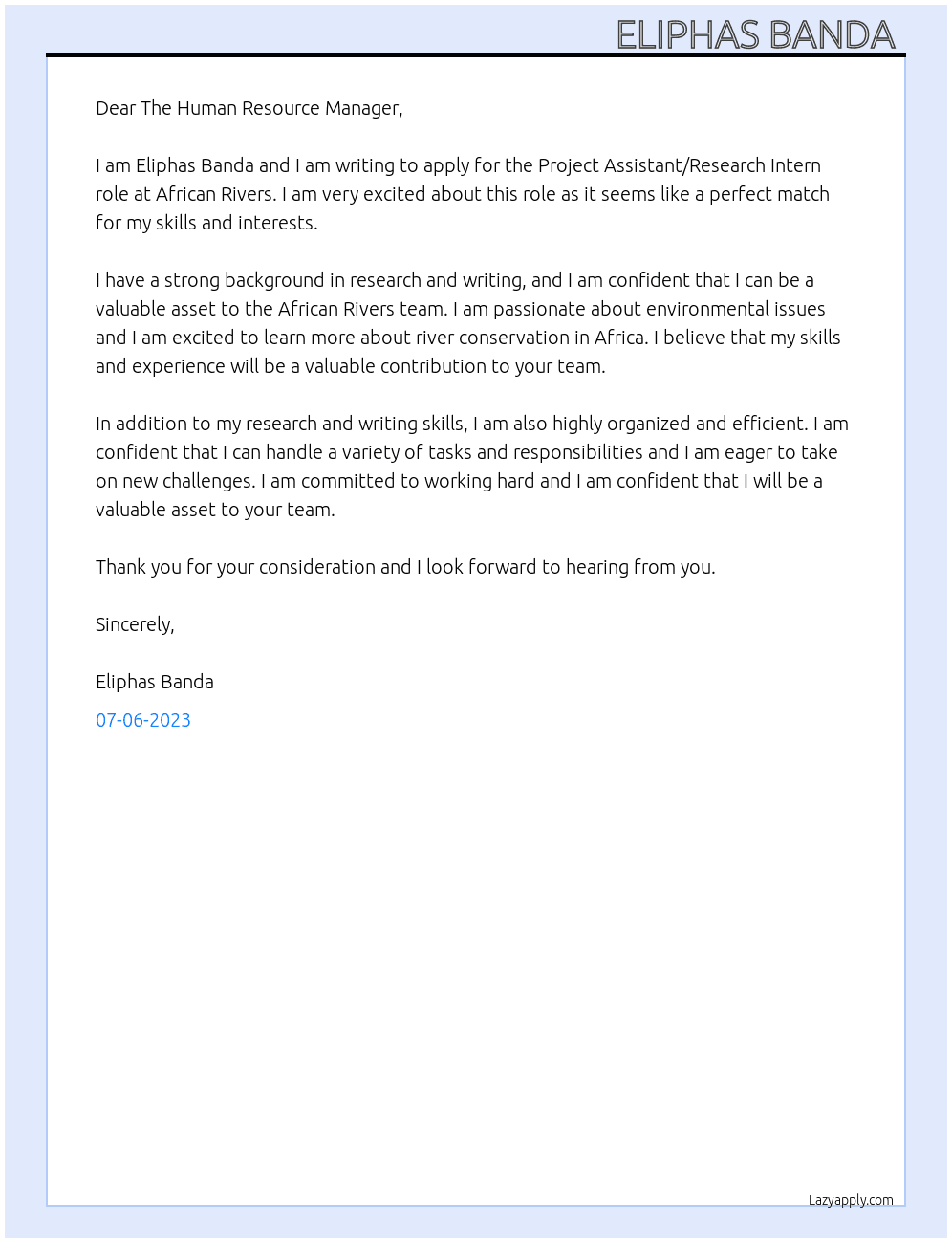 Project Assistant/Research Intern  At African Rivers  Cover Letter