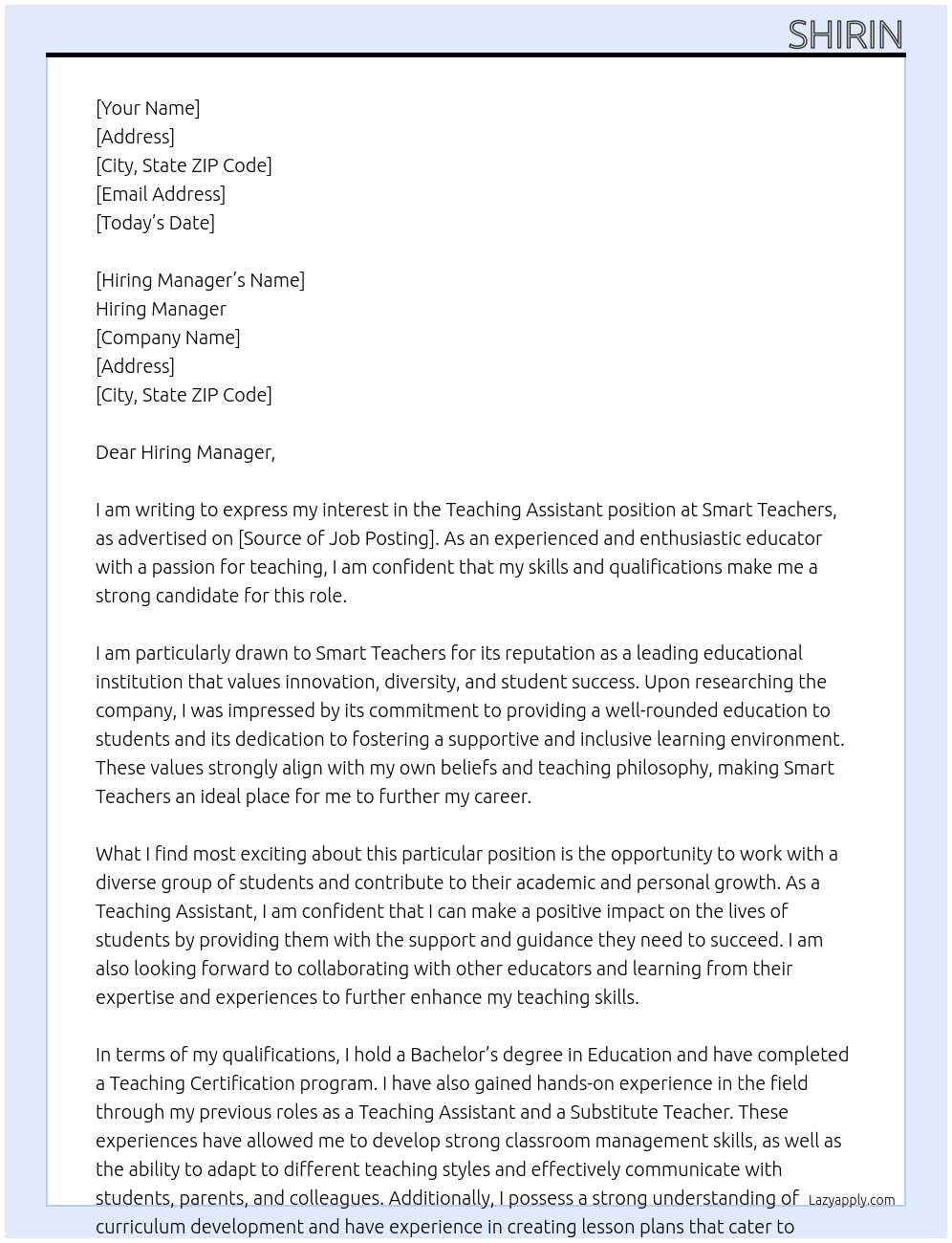 teaching assistant At Smart Teachers Cover Letter