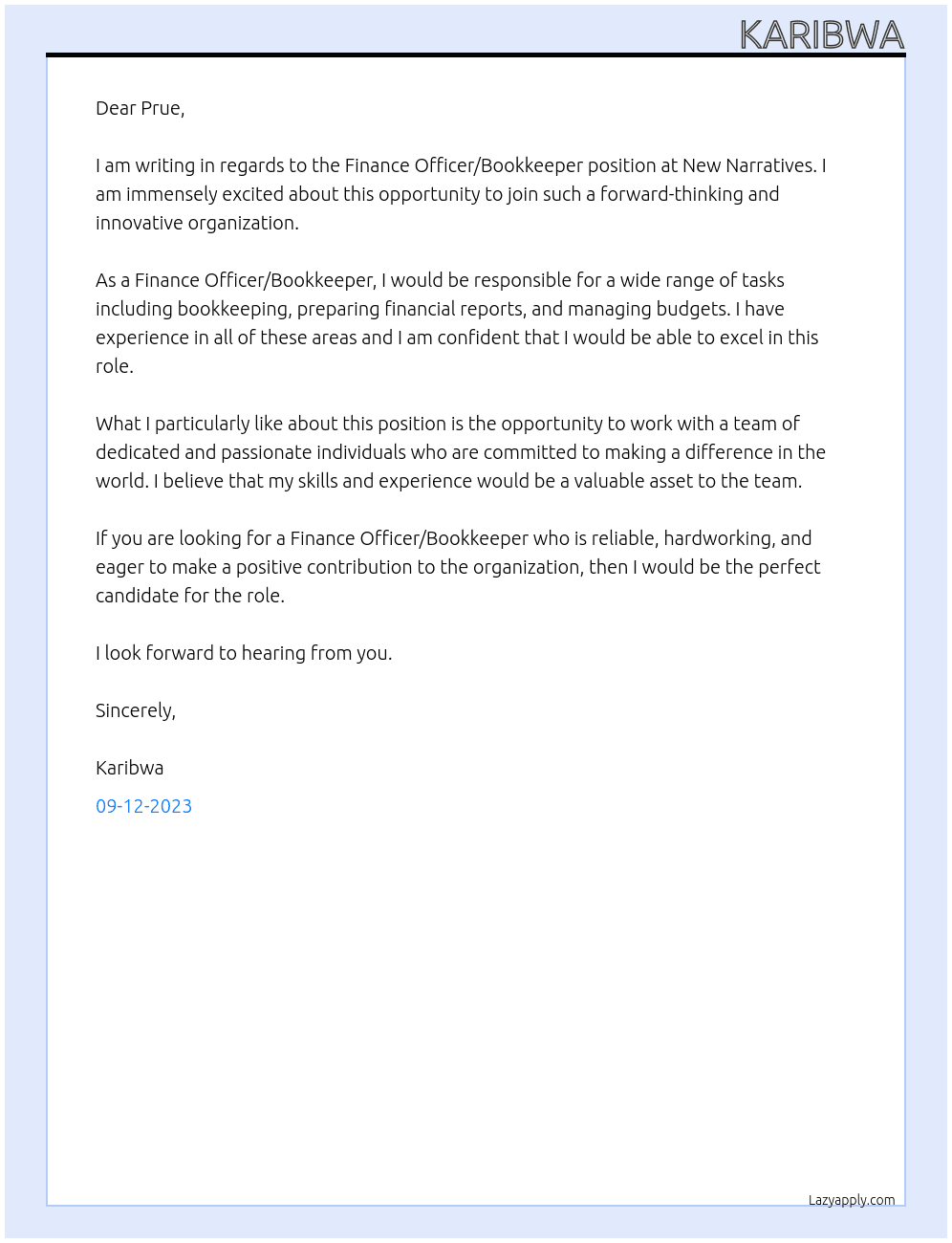 Finance officer/bookkeeper At New Narratives Cover Letter