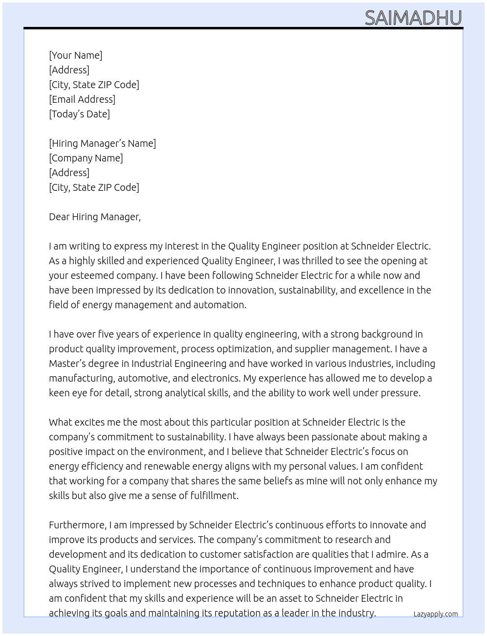 quality engineer At Schneider Electric Cover Letter