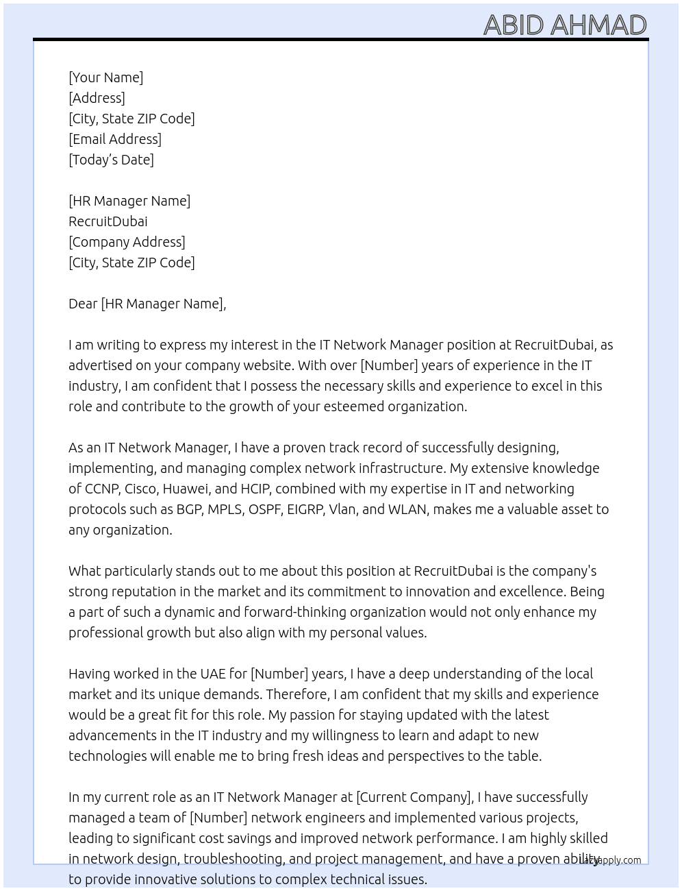 IT Network Manager At RecruitDubai Cover Letter