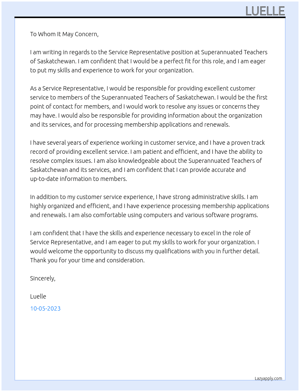  Service Representative At Superannuated Teachers of Saskatchewan Cover Letter