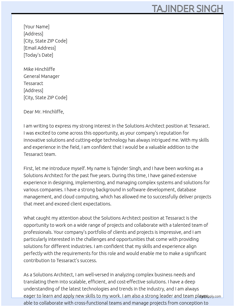 Solutions Architect  At Tessaract Cover Letter