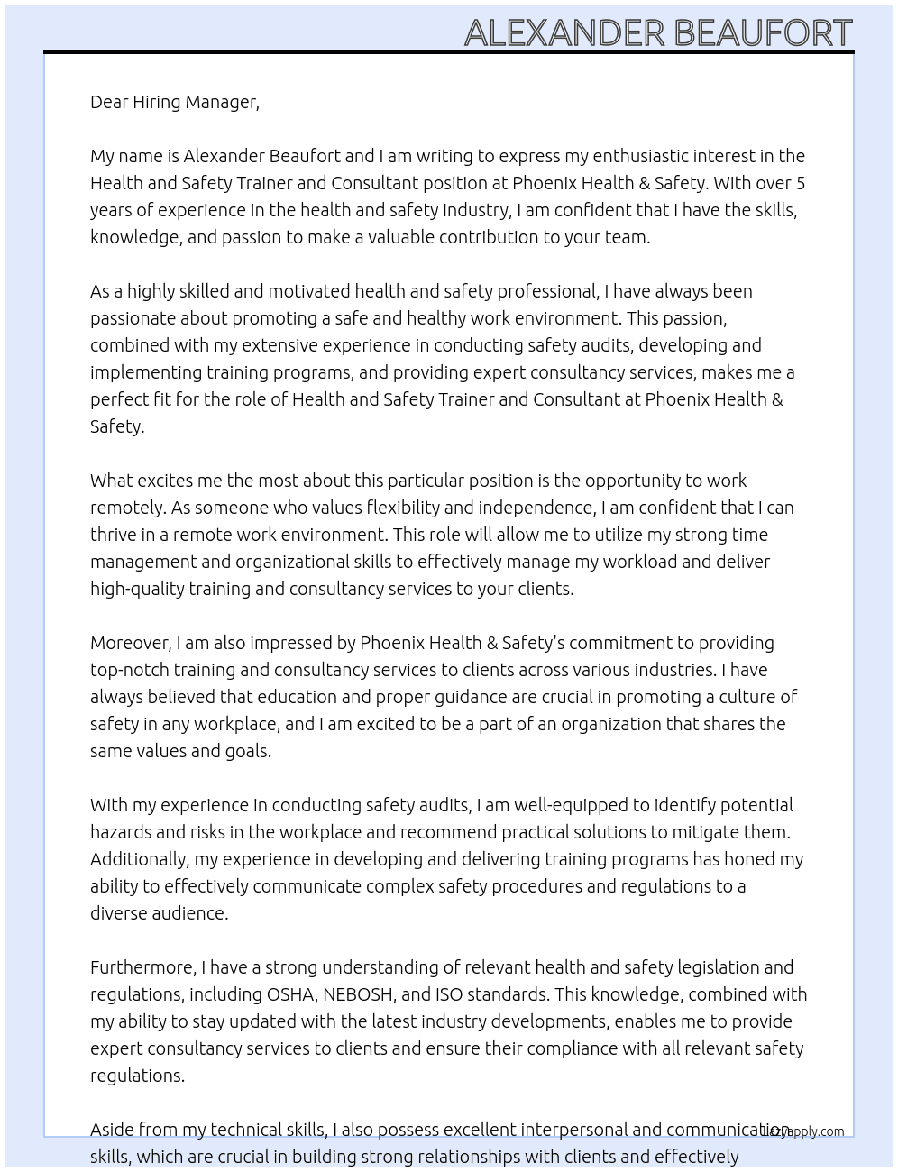 Health and Safety Trainer and Consultant - Remote At Phoenix Health & Safety Cover Letter