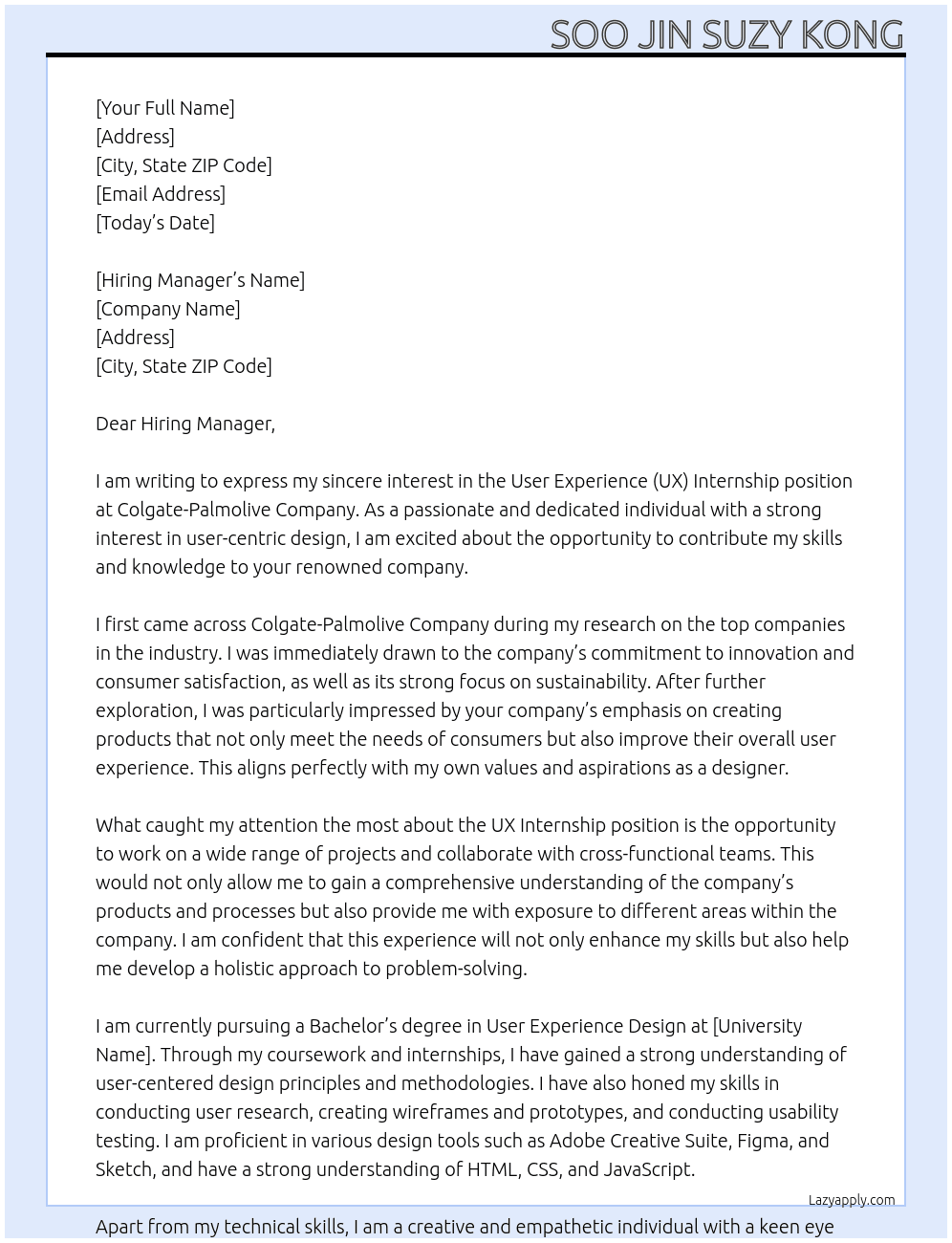 User Experience (UX) Internship At Colgate-Palmolive Company Cover Letter