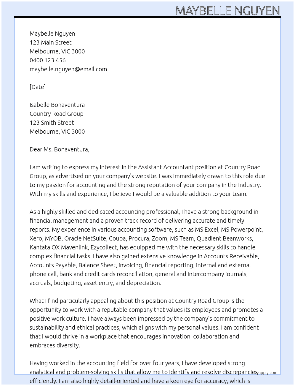 Assistant Accountant At Country Road Group Cover Letter