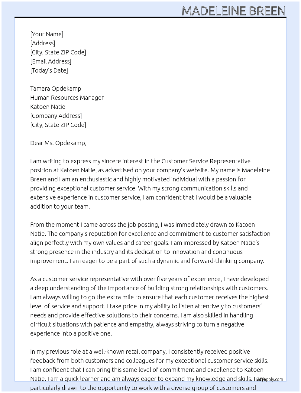 Customer service representative  At Katoen Natie  Cover Letter