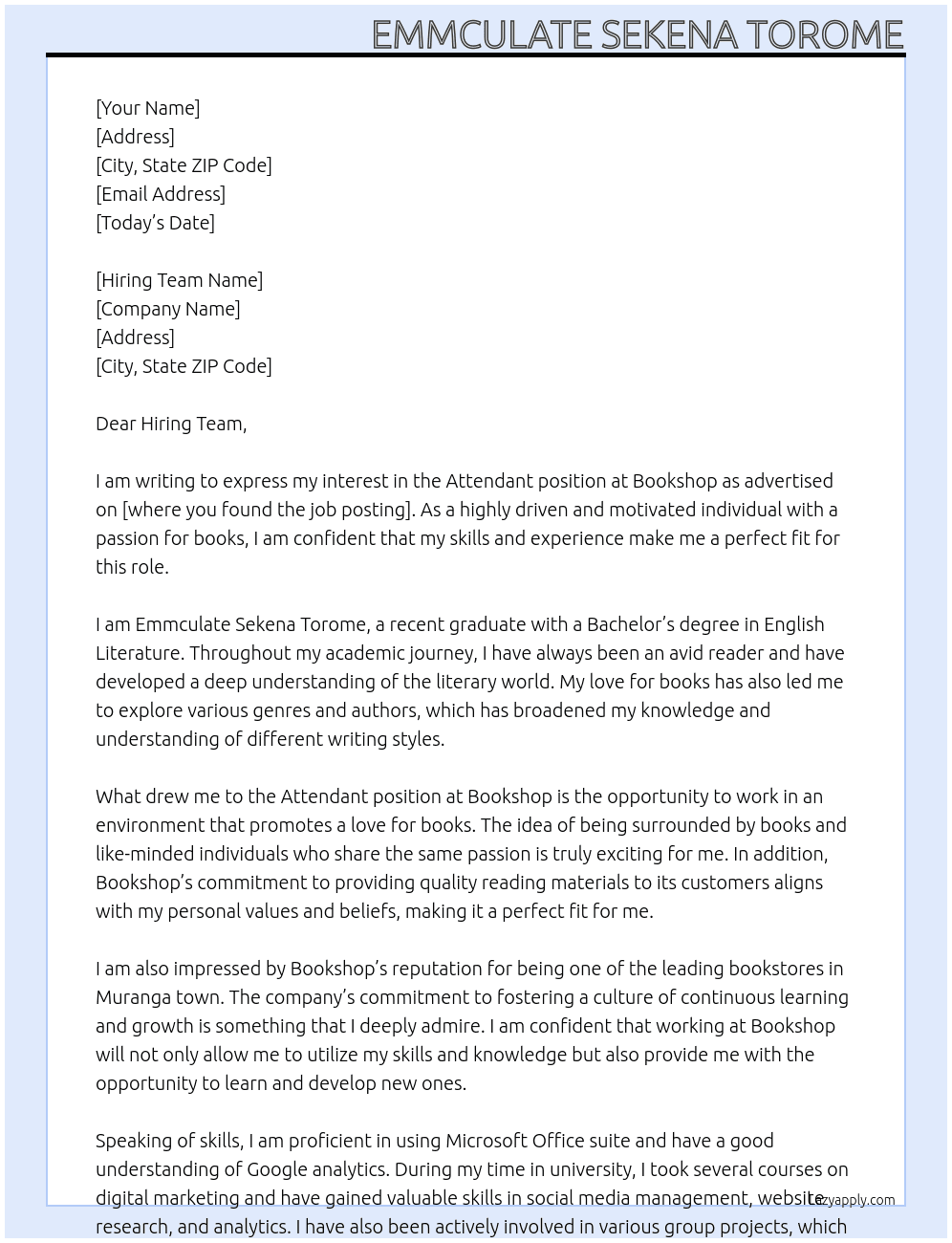 attendant At Bookshop Cover Letter