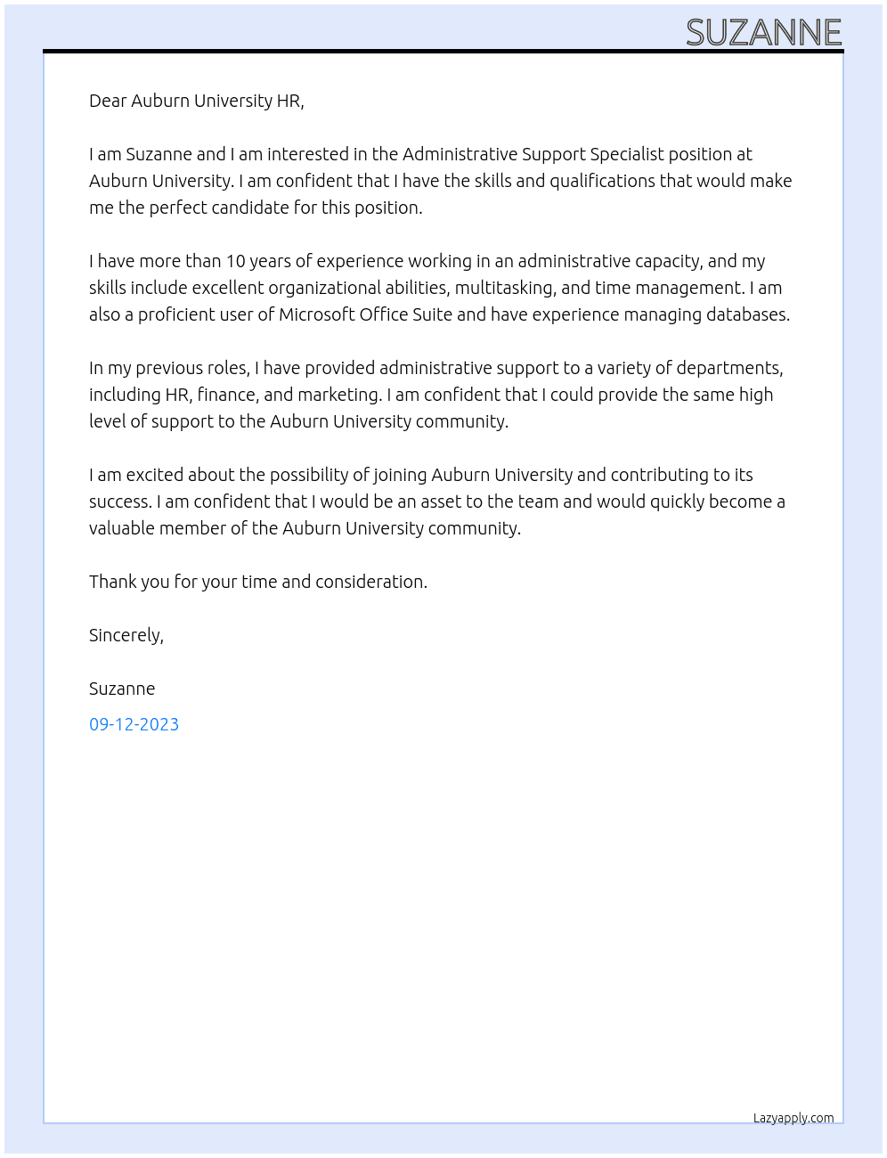 Administrative Support Specialist At Auburn University Cover Letter