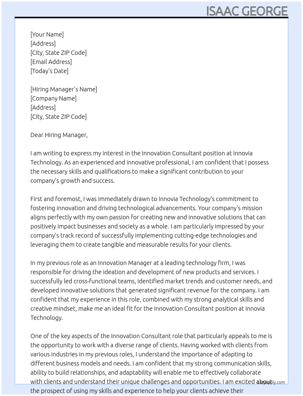 Innovation Consultant At Innovia Technology Cover Letter