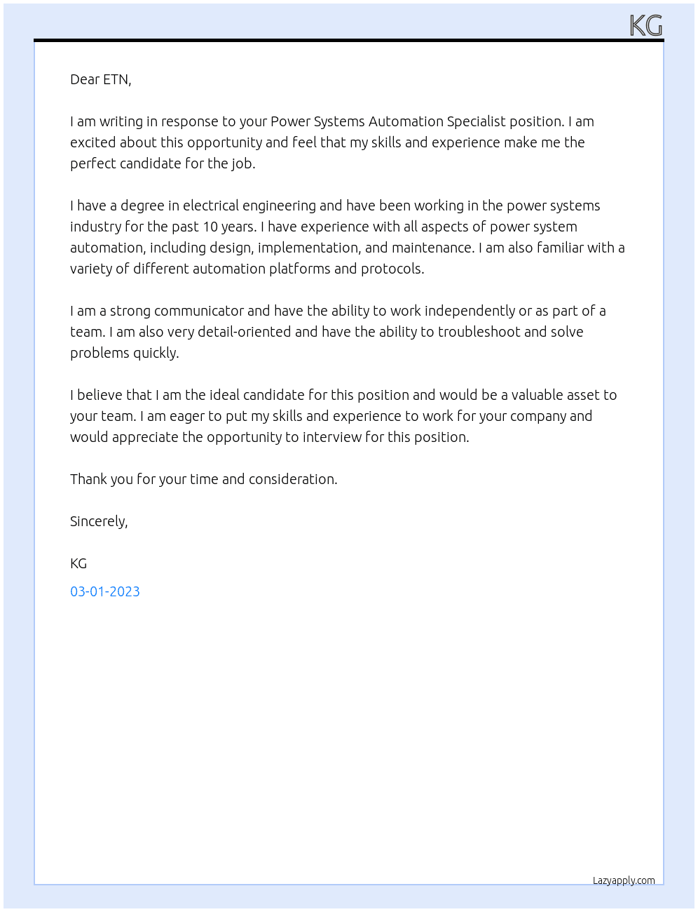 Power Systems Automation Specialist At ETN Cover Letter