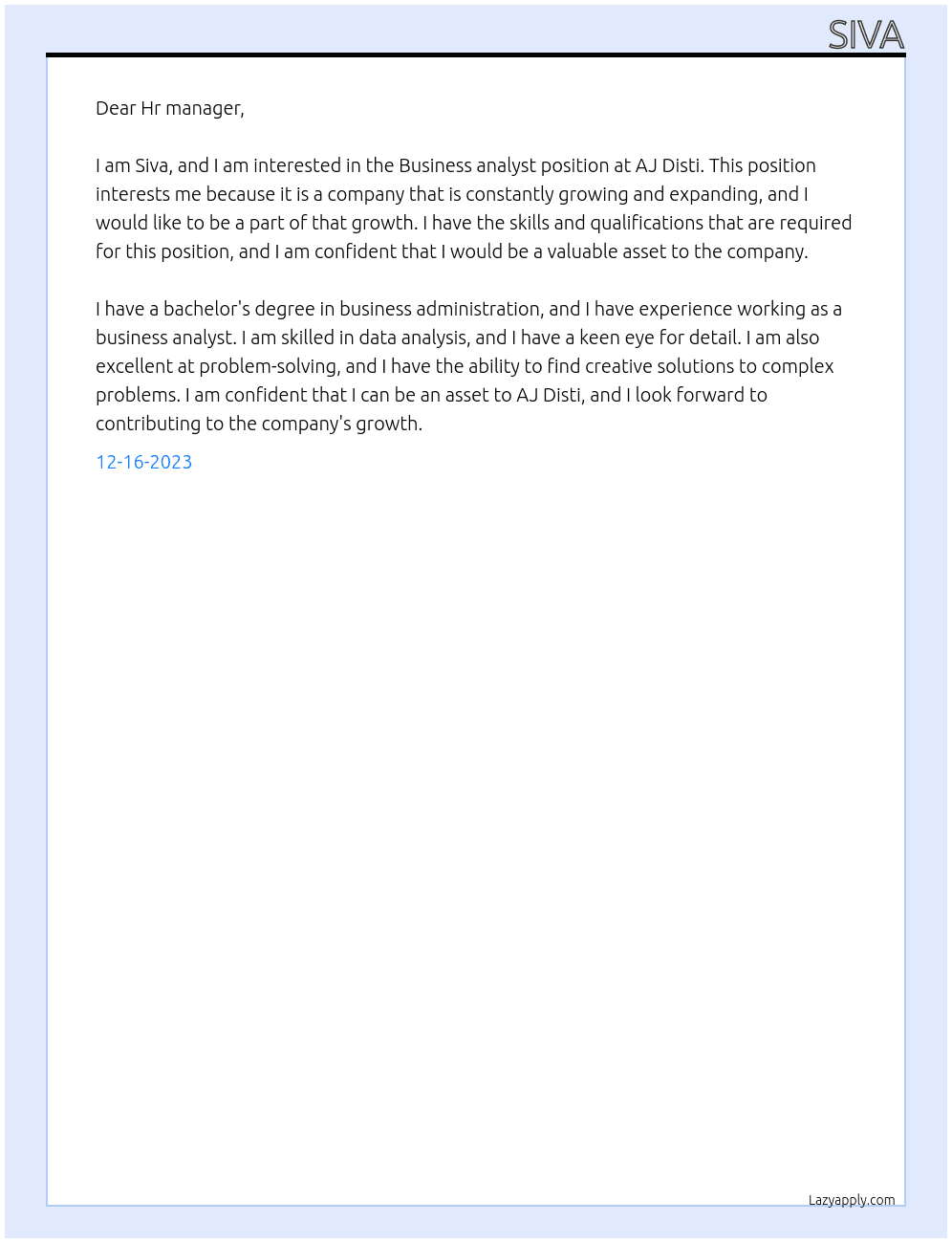 Business analyst  At  AJ Disti  Cover Letter