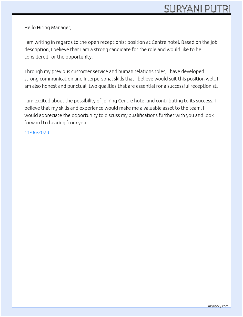 Receptionist  At Centre hotel Cover Letter