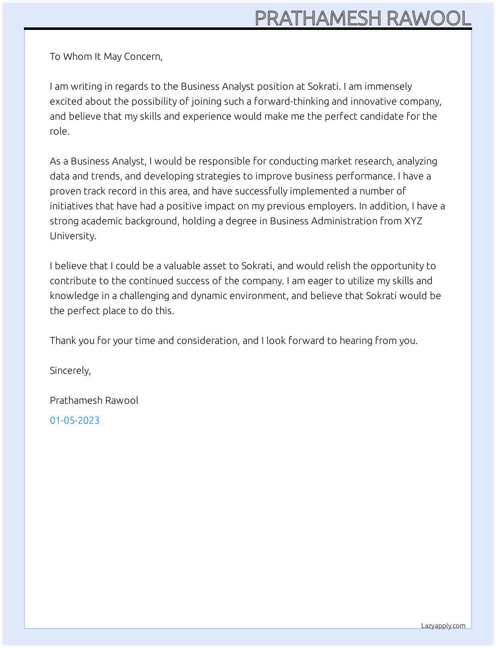 business analyst At sokrati Cover Letter