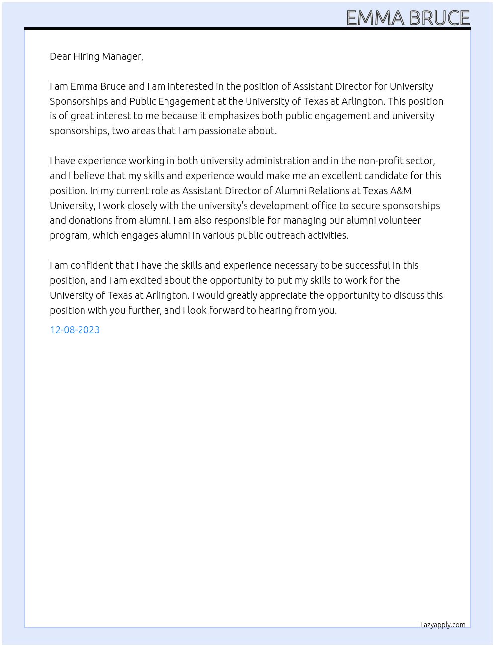 Assistant Director for University Sponsorships and Public Engagement At University of Texas at Arlington Cover Letter