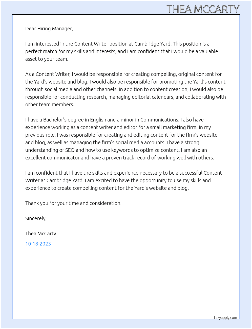 Content Writer At Cambridge Yard Cover Letter