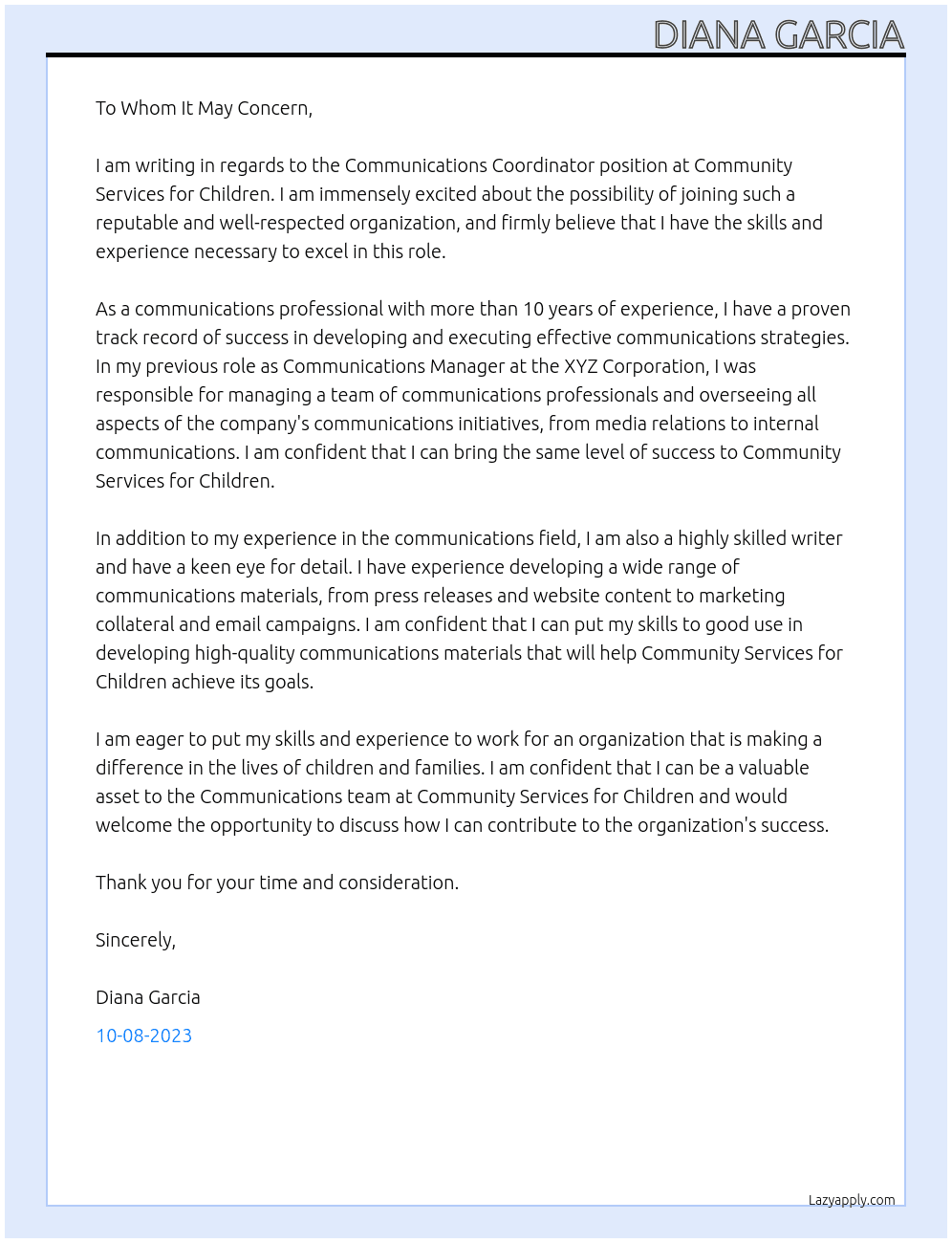 logo Communications Coordinator At Community Services for Children Cover Letter