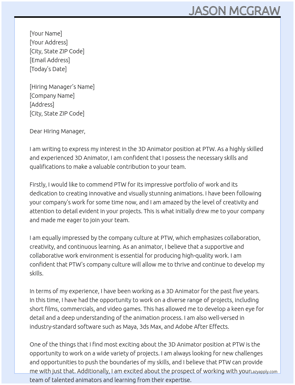 3D Animator At PTW Cover Letter