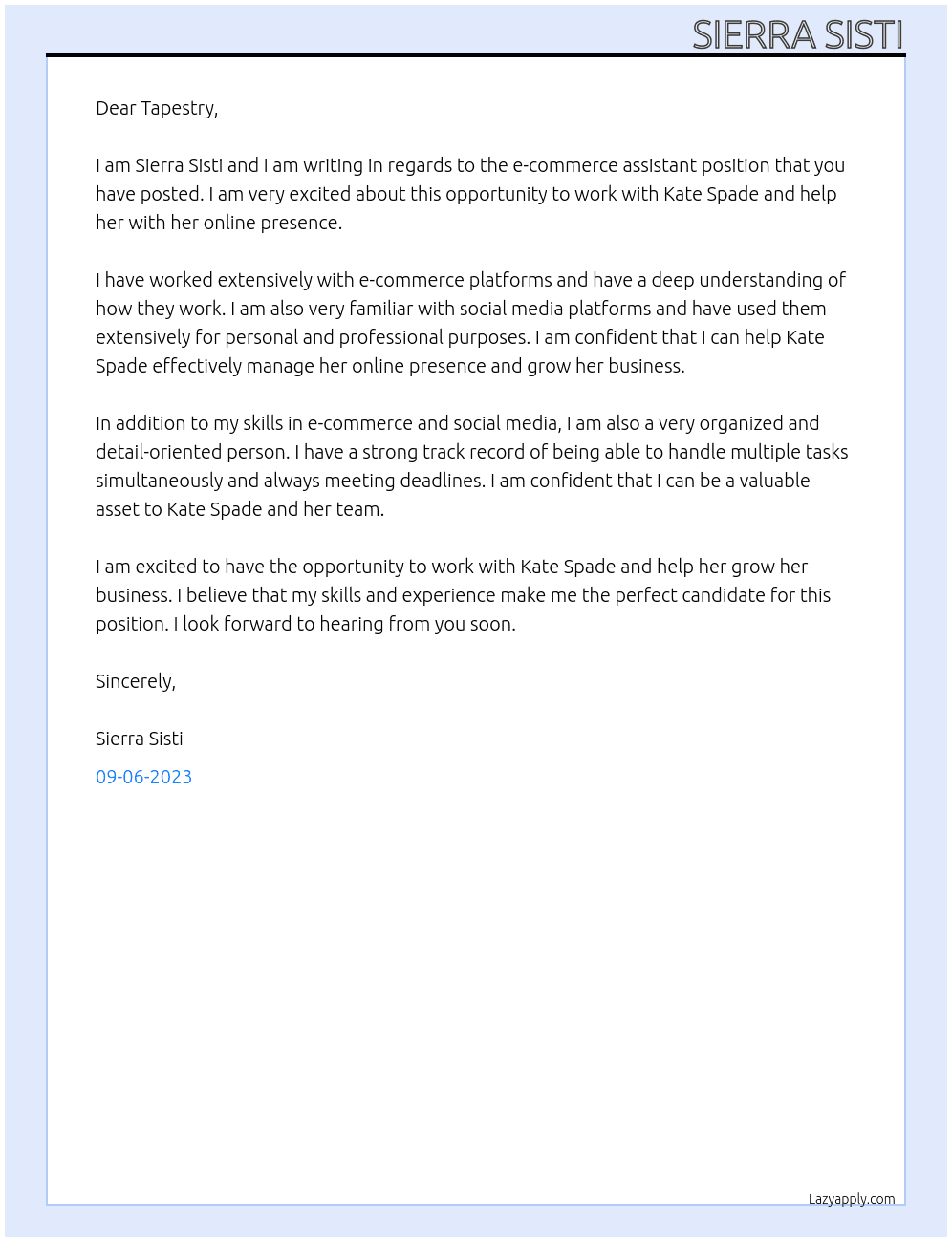 E-commerce Assistant At Tapestry Cover Letter