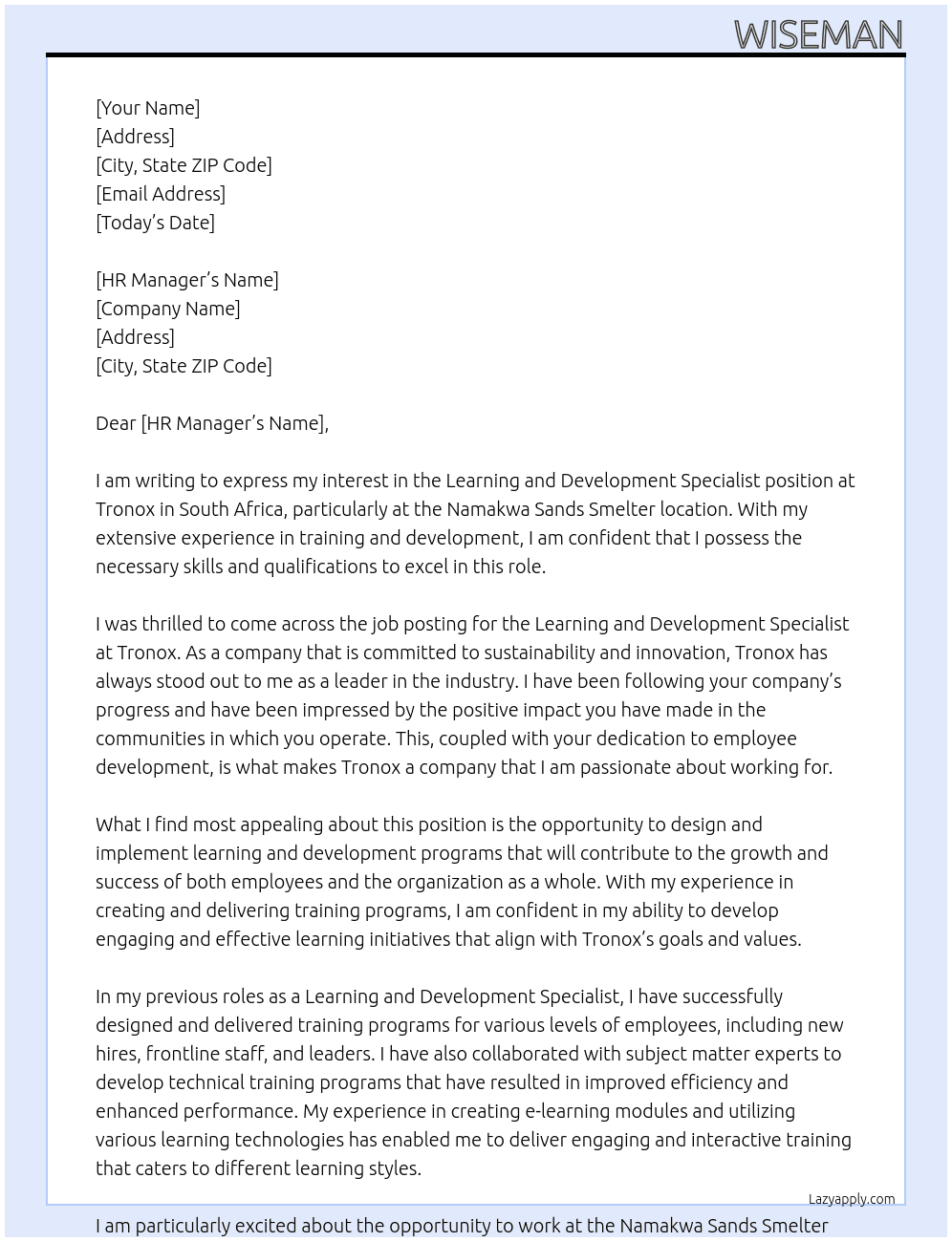 Learning and Development Specialist At Tronox Cover Letter