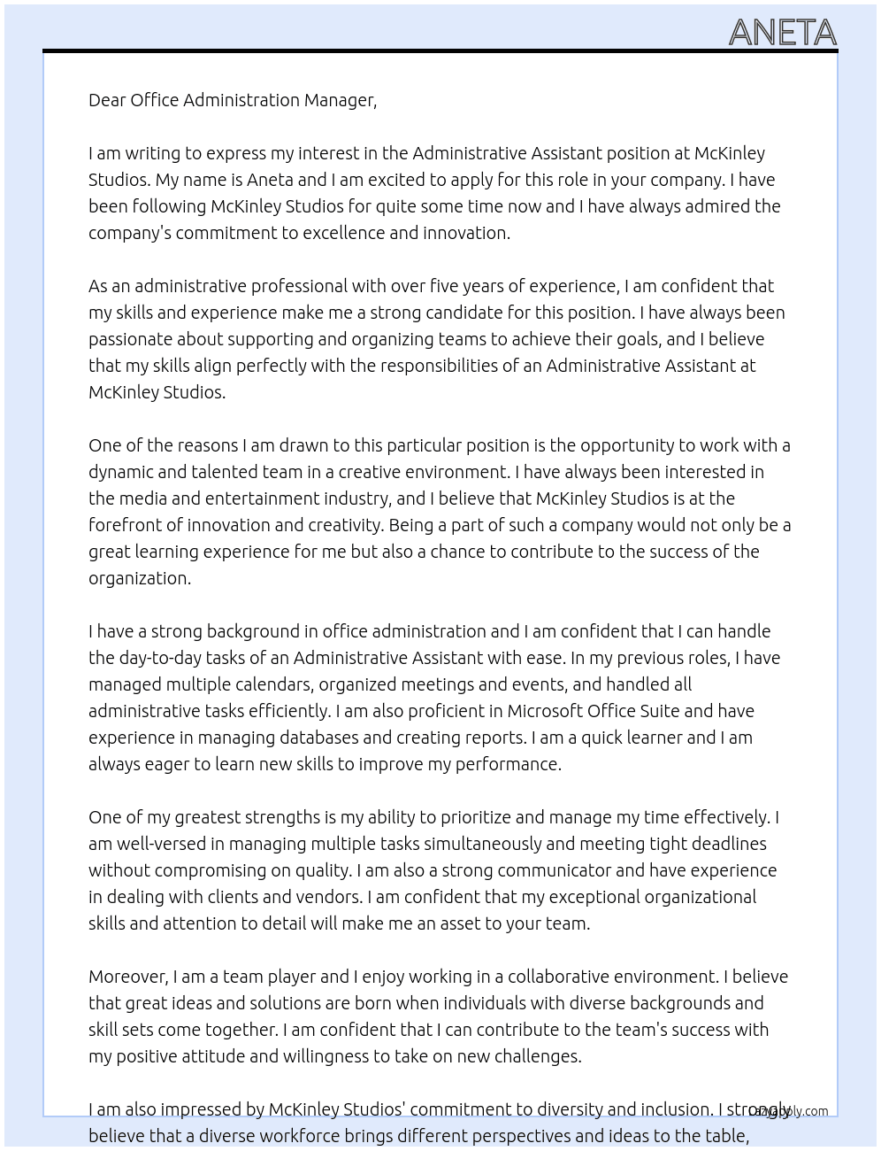 administrative assistant At McKinley Studios  Cover Letter