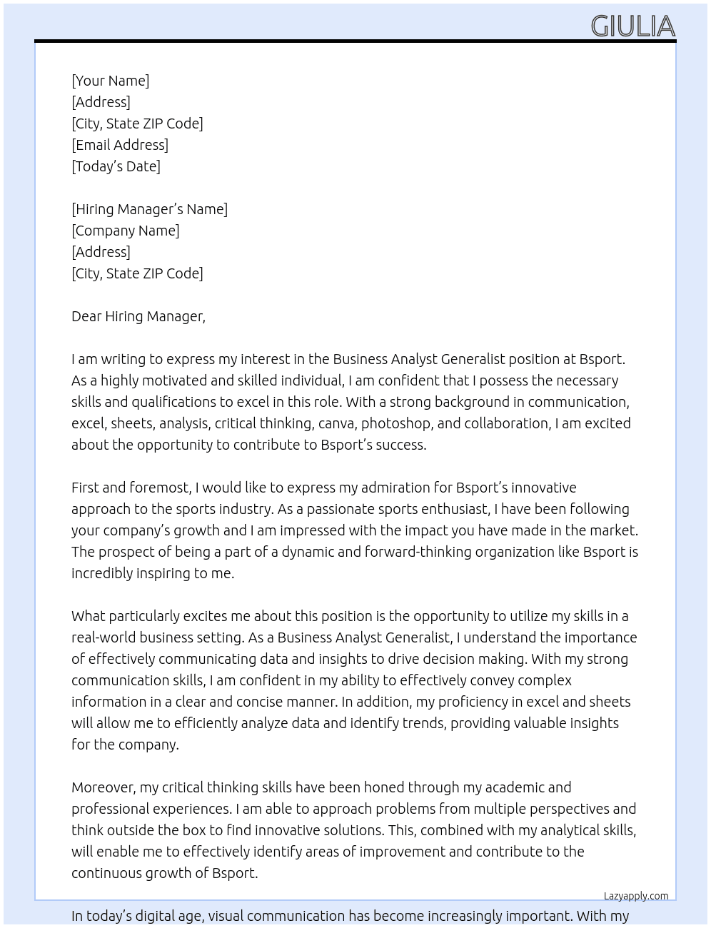 Business Analyst Generalist At Bsport Cover Letter