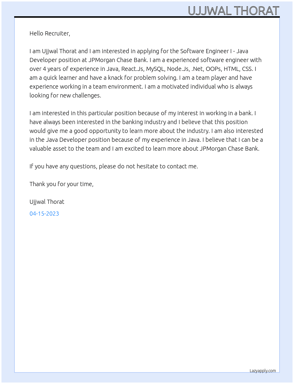 Software Engineer I - Java Developer At JPMorgan Chase Bank Cover Letter