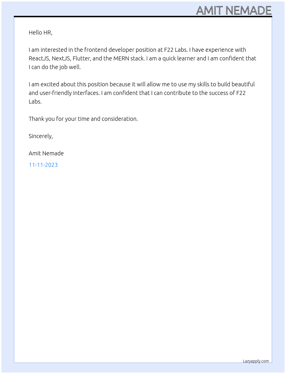Frontend Developer At F22 Labs Cover Letter
