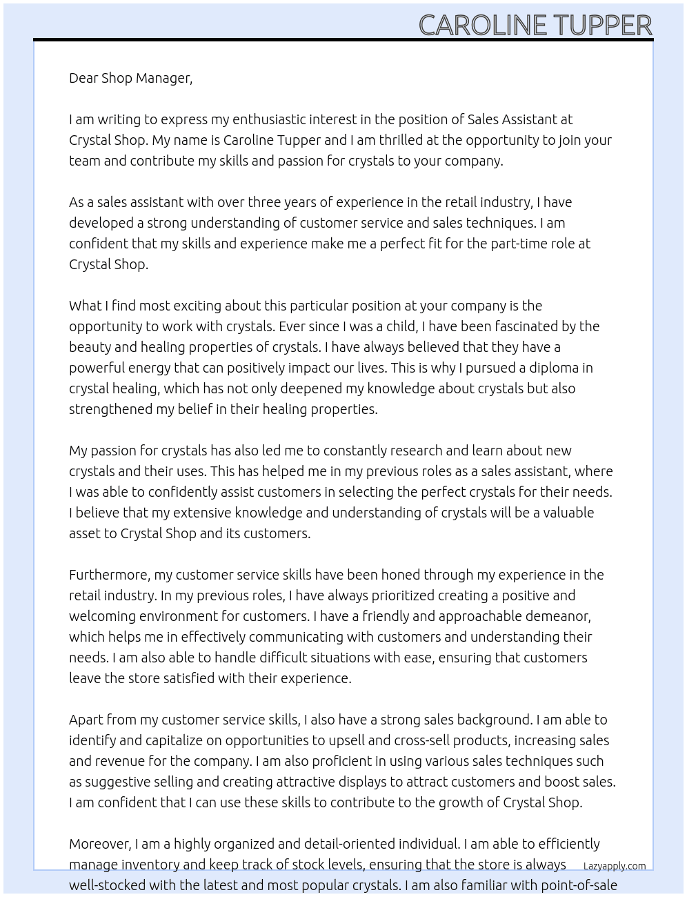 Sales Assistant At Crystal Shop Cover Letter
