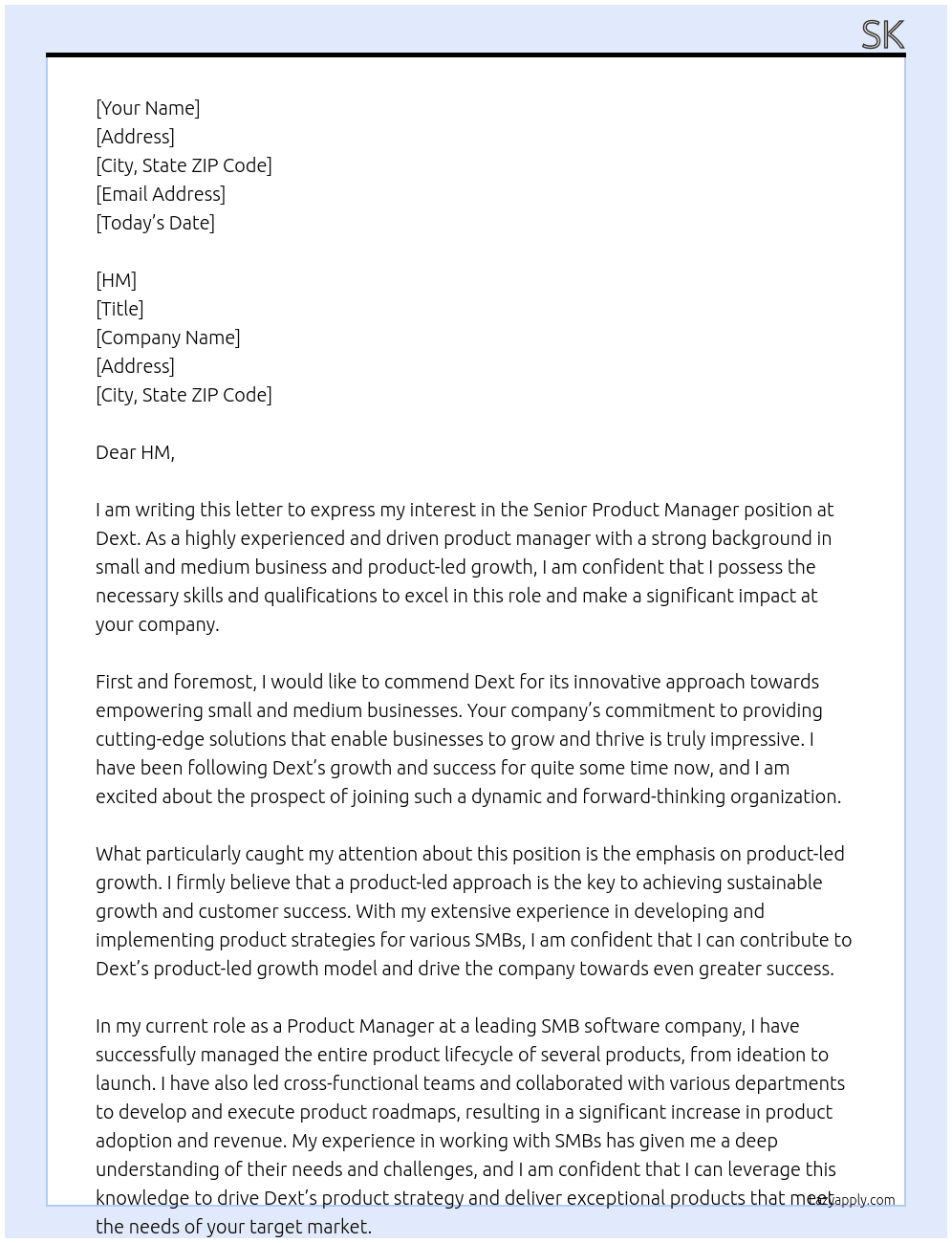 Senior Product manager At Dext Cover Letter