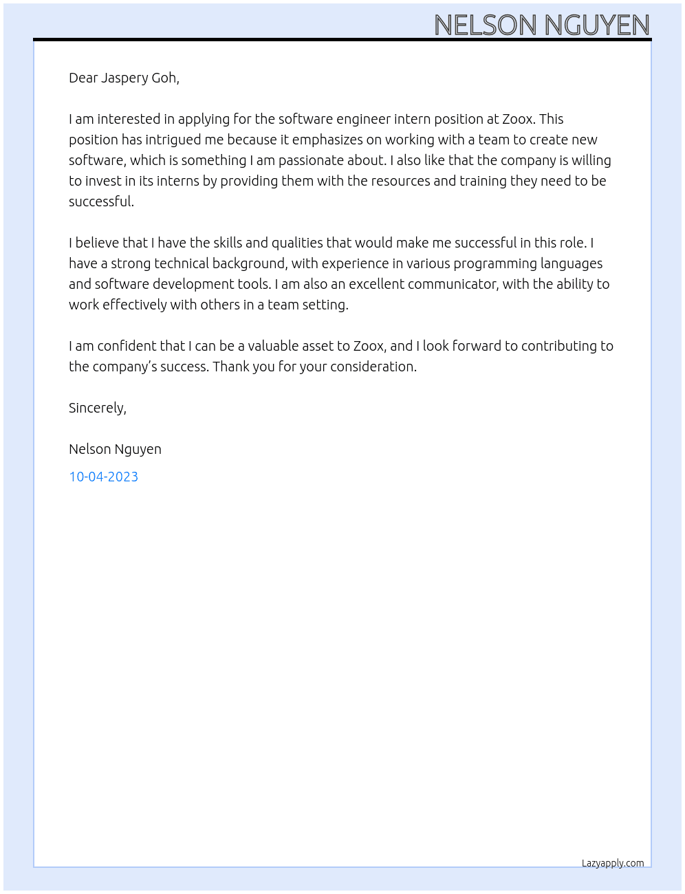 Software Engineer Intern At Zoox Cover Letter
