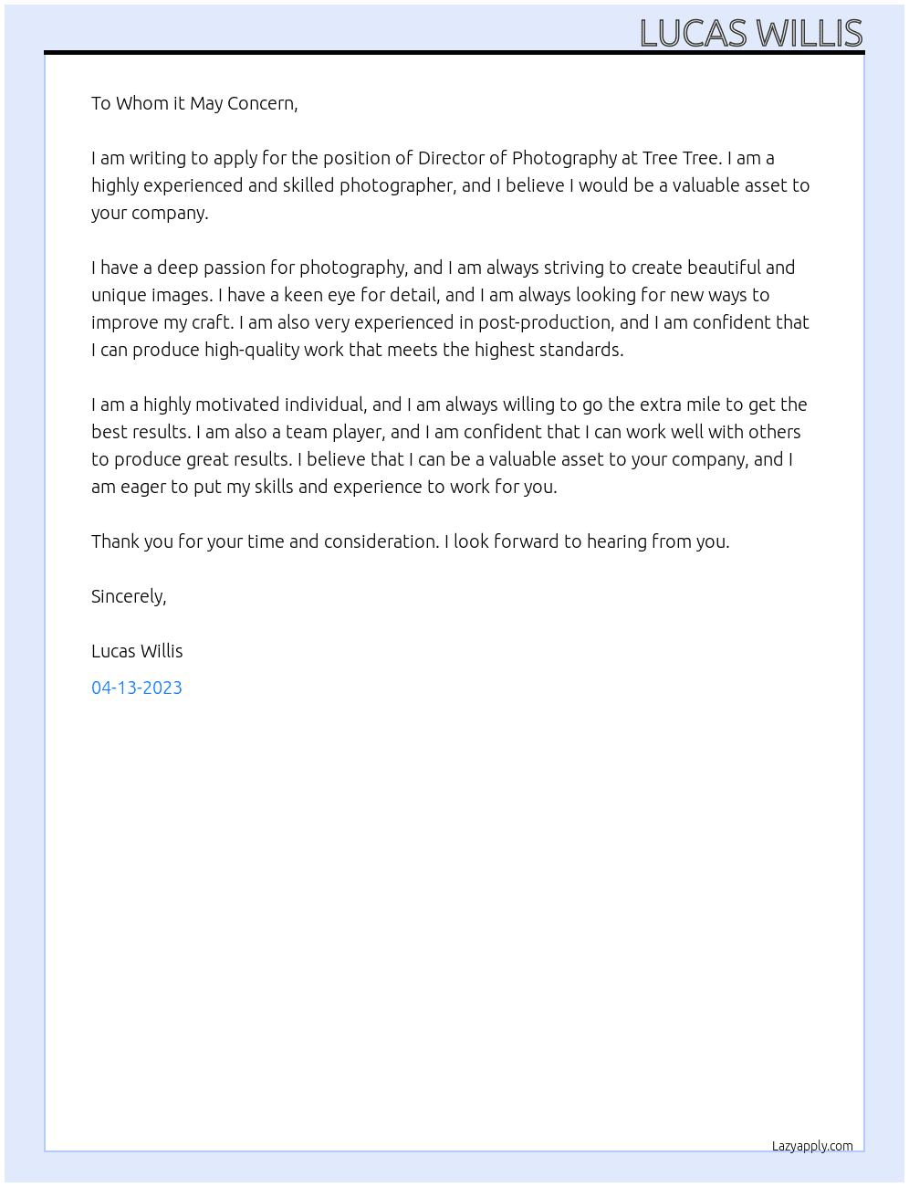 Director of Photography At Tree Tree Cover Letter