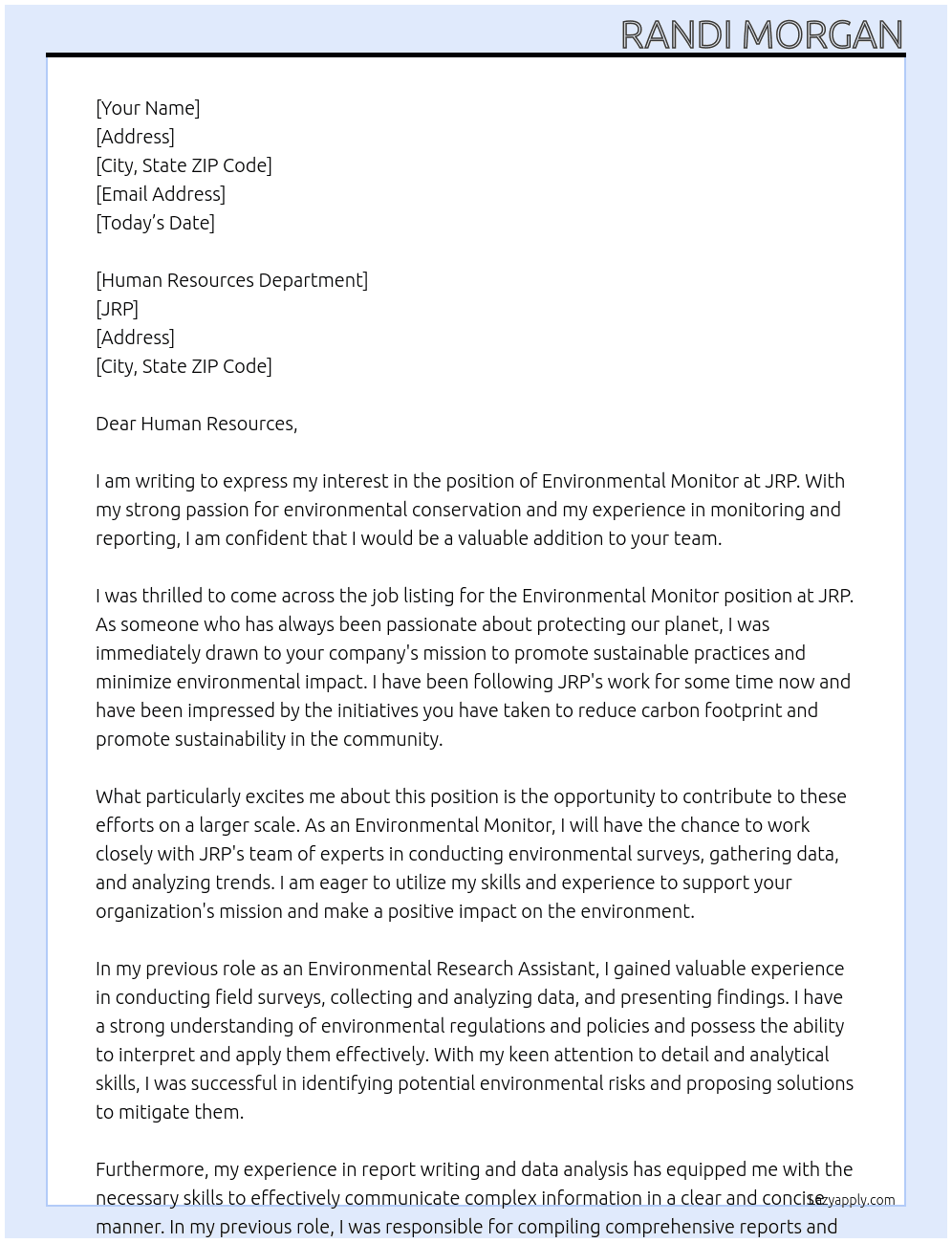 Environmental Monitor At JRP Cover Letter