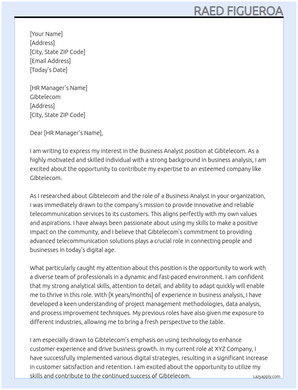 Business Analyst At Gibtelecom Cover Letter