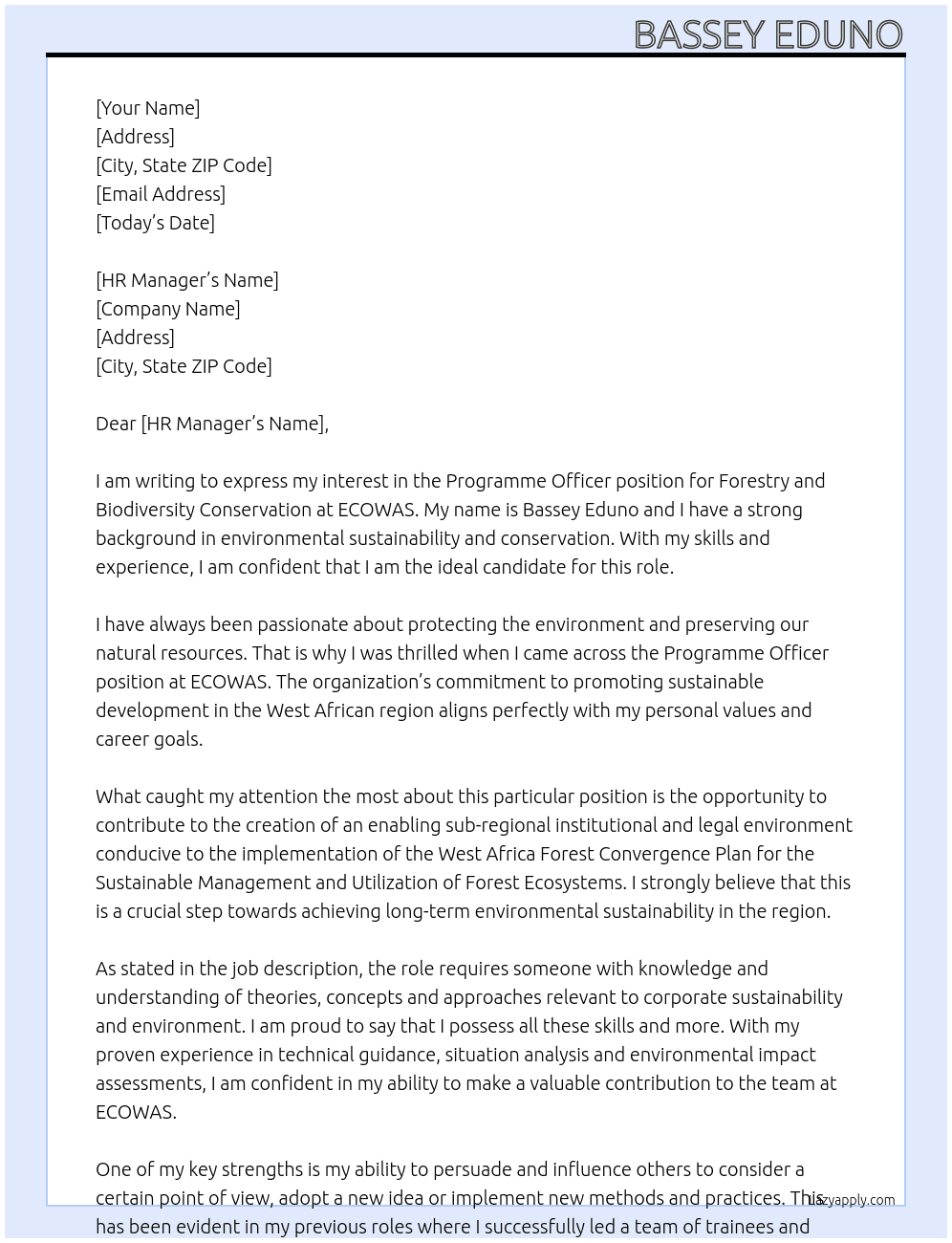 programme officer Forestry and biodiversity conservation At ECOWAS Cover Letter