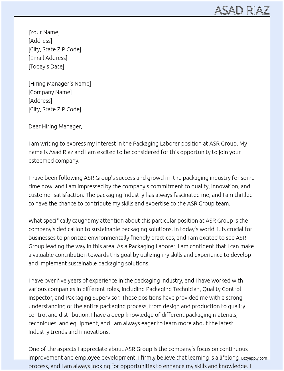 Packaging Laborer At ASR group Cover Letter